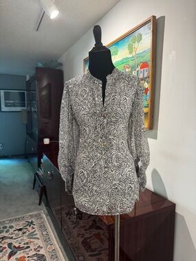 DVF Black & White Abstract Print Long Sleeve Blouse